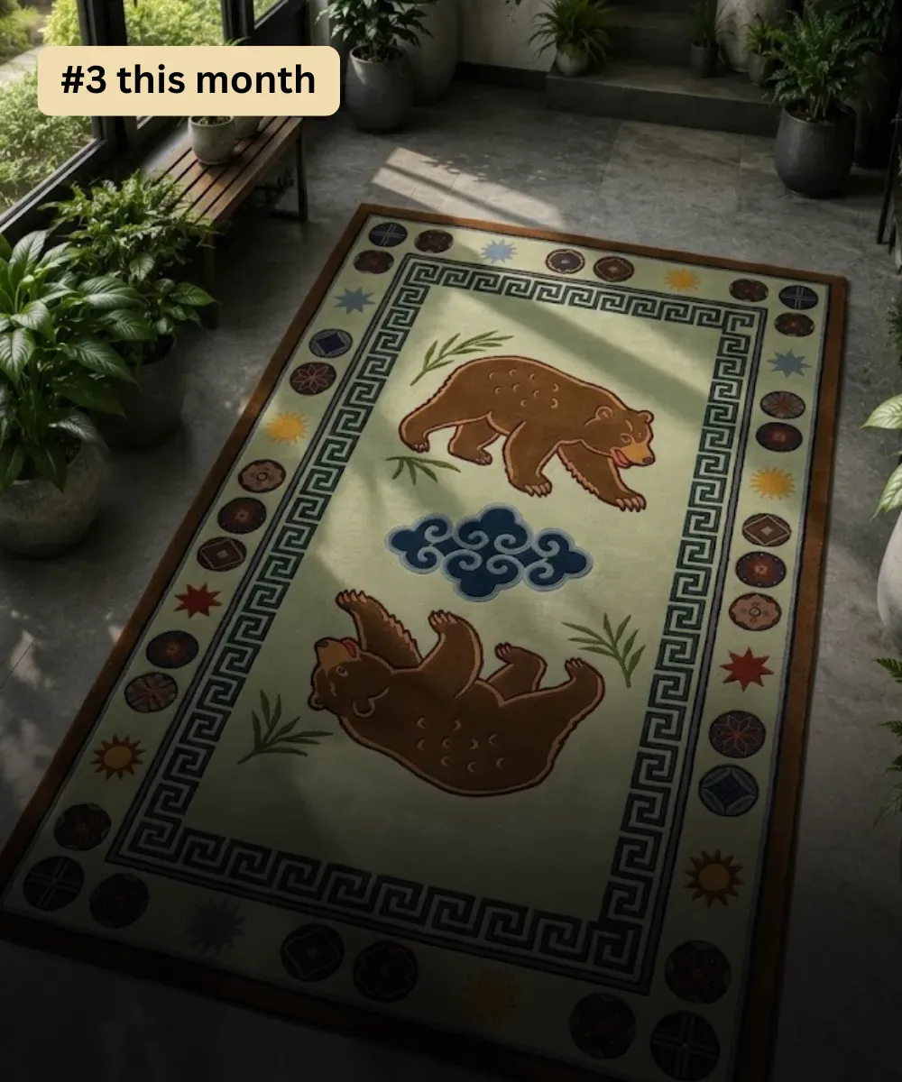 Korean traditional folk art inspired rectangular tufted rug featuring brown bears, geometric borders, and celestial motifs styled in a plant-filled room.