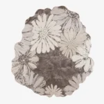 Petalitho grey and cream organic irregular-shaped tufted area rug featuring a detailed floral daisy pattern, displayed flat.
