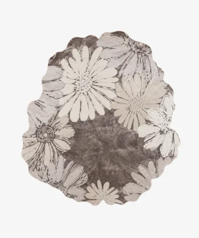 Petalitho grey and cream organic irregular-shaped tufted area rug featuring a detailed floral daisy pattern, displayed flat.