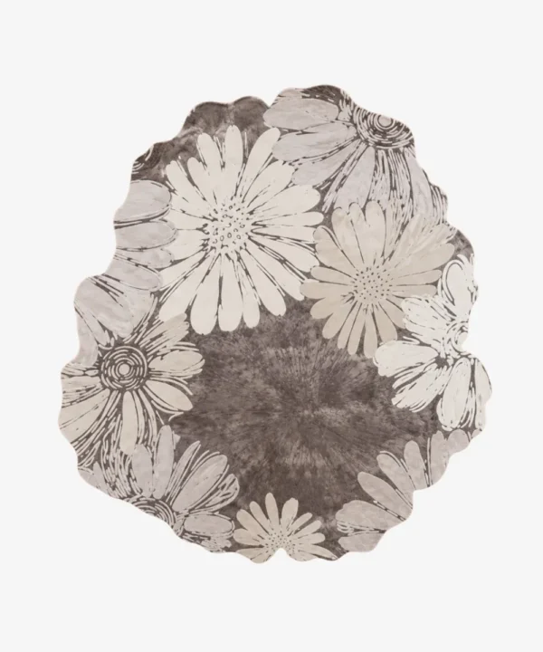 Petalitho grey and cream organic irregular-shaped tufted area rug featuring a detailed floral daisy pattern, displayed flat.