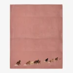 Petite Caravan pink rectangular tufted area rug featuring a charming running horse border motif, displayed flat.