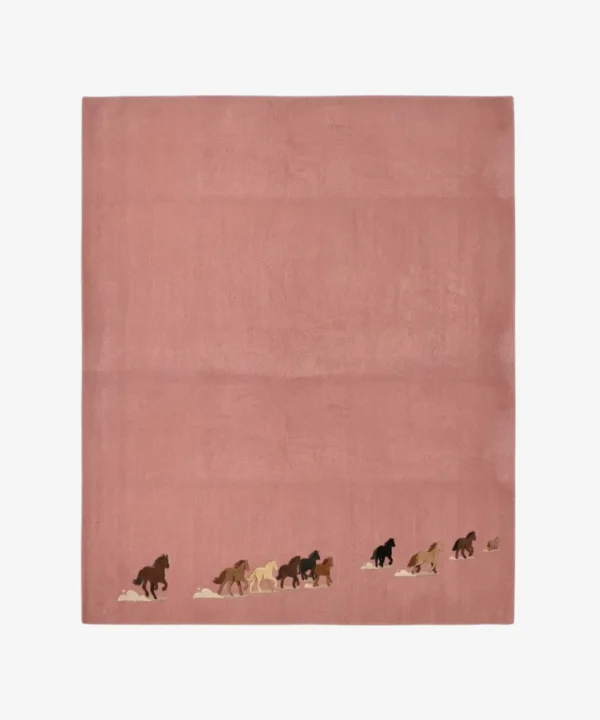 Petite Caravan pink rectangular tufted area rug featuring a charming running horse border motif, displayed flat.