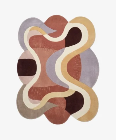 Ribona organic irregular shaped abstract tufted area rug featuring terracotta, mauve, yellow, and cream color blocking, displayed flat.