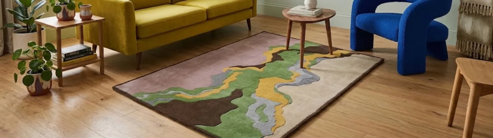 Contemporary handmade tufted area rug featuring an abstract topographic landscape design with earthy green, brown, and ochre tones, styled in a modern living room setting with hardwood flooring.