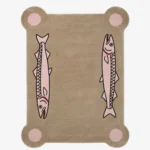 Blush Salmon handmade tufted area rug featuring a beige background, corner pink polka-dot accents, and dual pink fish illustrations shown flat on a white background.