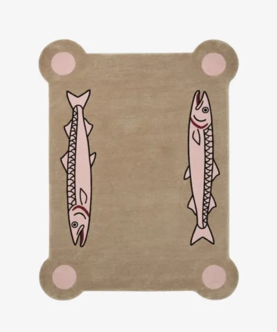 Blush Salmon handmade tufted area rug featuring a beige background, corner pink polka-dot accents, and dual pink fish illustrations shown flat on a white background.