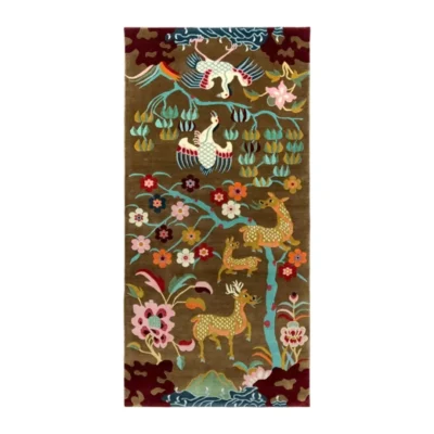 Garden Harmony handmade tufted wool area rug with deer, cranes, flowers, and blue branches