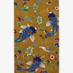 Koi Haven handmade tufted area rug featuring a golden-yellow background with traditional blue koi fish, floral motifs, and cloud patterns displayed flat.