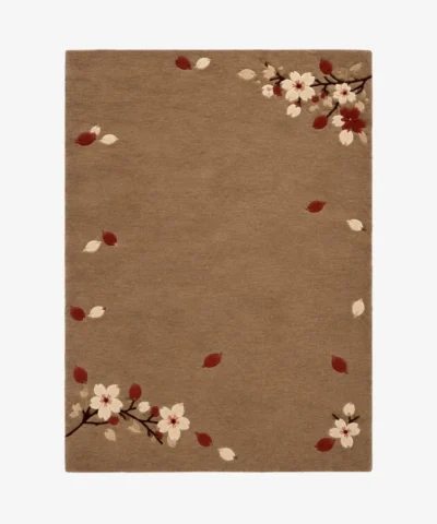 Studio flat-lay product photograph of the rectangular Cherrywood Bloom rug on a clean background, showcasing the full brown wool field framed by blooming cherry branches and floating petals.