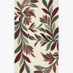 A clean, flat-lay studio product photograph of the complete rectangular Flora rug on a plain white background, clearly presenting its full mirrored pattern of multi-colored leaves and flowers in maroon, teal, green, mauve, and ivory