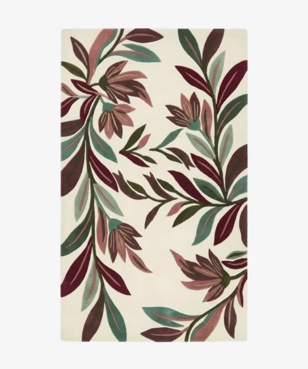 A clean, flat-lay studio product photograph of the complete rectangular Flora rug on a plain white background, clearly presenting its full mirrored pattern of multi-colored leaves and flowers in maroon, teal, green, mauve, and ivory