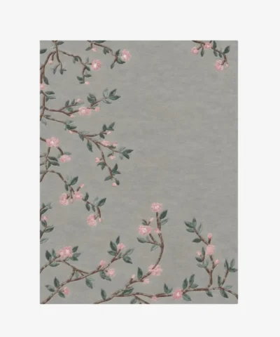 Studio flat-lay product photograph of the rectangular Sakura Branch rug on a clean background, showcasing the full sage-grey field with branching floral patterns.