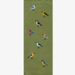 Full overhead studio flat lay of the green Woodland Chorus runner rug featuring a playful pattern of multi-colored birds and finished with white fringe ends.